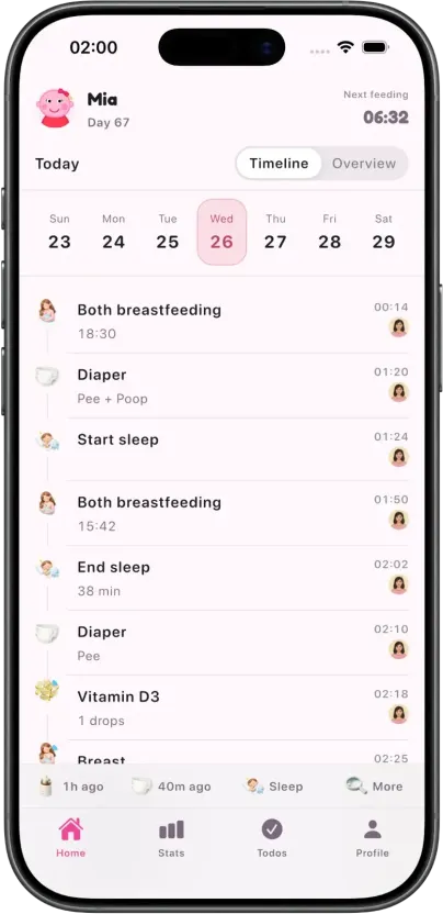 MilkBaby Calendar timeline, breastfeeding timer and sleep log screenshot